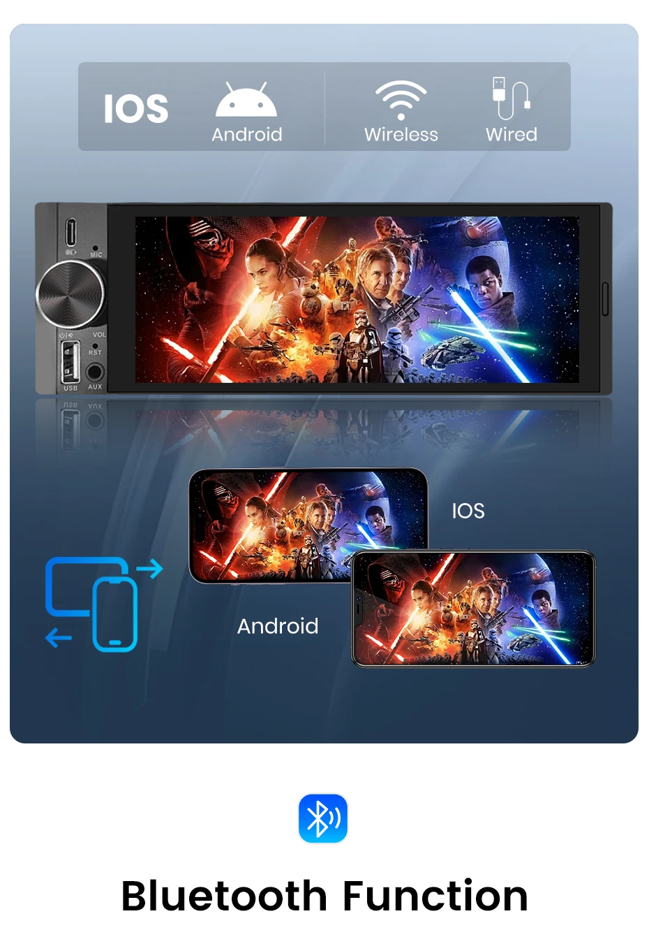Junsun 6,86" Kabelloses Carplay Android Auto Universal 1 Din MP5 Autoradio 1280*600 IPS Touchscreen Stereo Zentrale – Detail 9