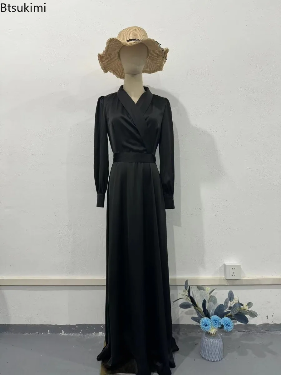 Wiosenna Nowa Damska Sukienka Satynowa z Długim Rękawem i Dekoltem w Serek Moda Muzułmańska Abaje Dubaj Arabski Szata Maroko Turcja Skromny Kaftan Suknie Wieczorowe