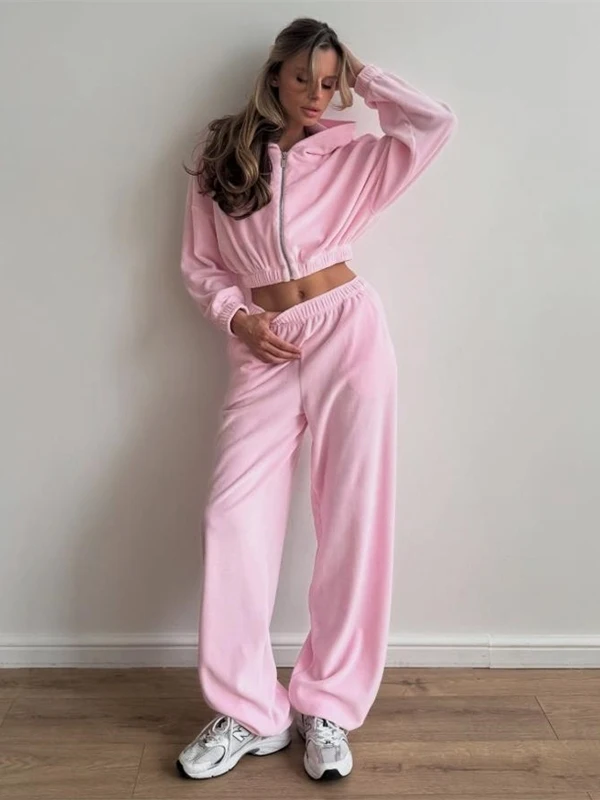 Faionable Hoodie Top Pants Set Women's Casual Sportswear Long Sve High Waist Straight Leg Zipper Loose Fit Autumn Spring