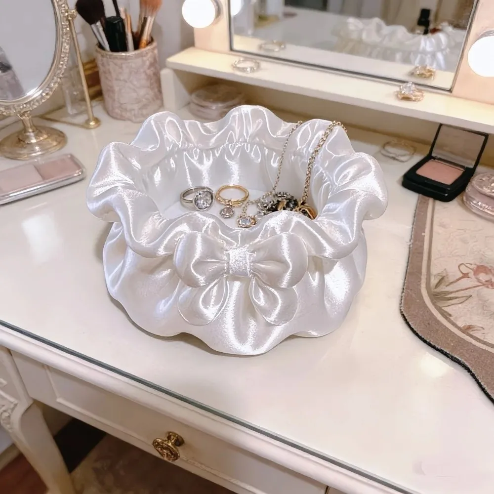 3D-Printed Petal Bow Storage Box Multi-Function Satin Ruffled Desktop Storage Box Elegant Ornaments Jewelry Storage Case
