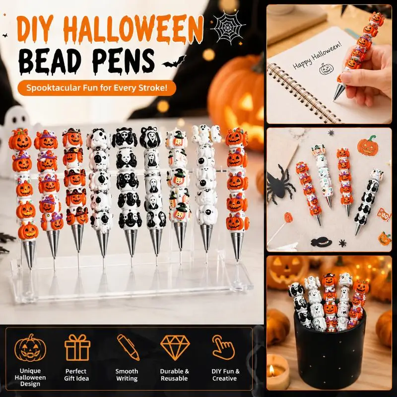 Halloween Pumpkin Bead DIY Crafting Pens Making Kit Ballpoint Pen Beaded Rhinestone Pen For Students School Office