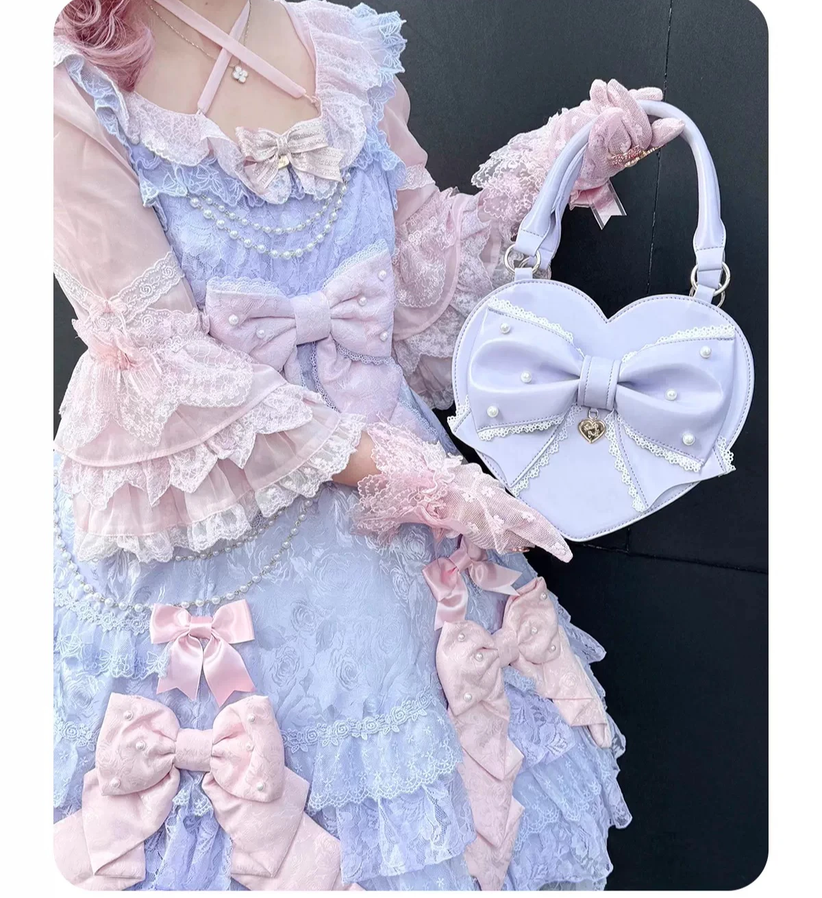 Japanese Original Ancient Sweetheart Lolita Lace Love Bags Female Pearl Lace Handbag Lo Girl Sweet Cute Messenger Bag for Woman