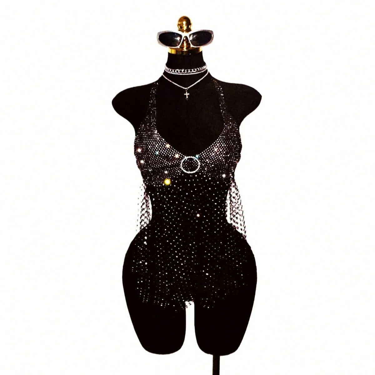 Glänzendes Strass-Netz-Tanktop für Damen, sexy, durchsichtiges, rückenfreies Neckholder-Crop-Top, Rave-Party-Club-Camisole