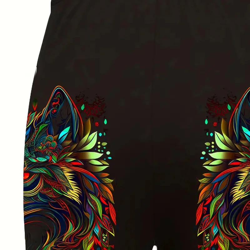 Colorful Wolf head print elastic elastic waist slim-fit leggings for women