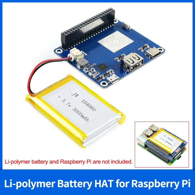 Li-Polymer Battery HAT for Raspberry Pi B/A+/B+/2B/3B/3B+/4B with Embedded Protection Circuits SW6106 Power Bank Solution