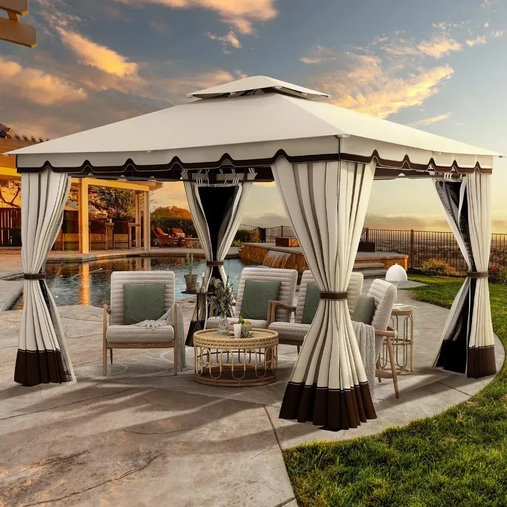 %a 10x12ft Gazebo with Netting & Curtains, for Patios Outdoor Double Roof Canopy Gazebos, Backyard and Deck, Gazebo