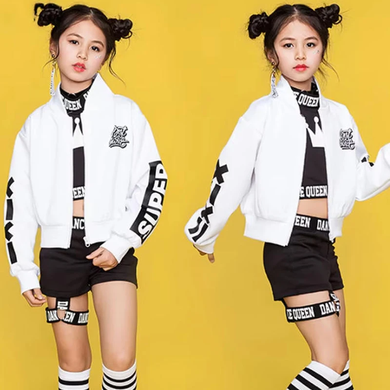 

Детские танцевальные костюмы в стиле хип-хоп, детская одежда для уличных танцев, белая куртка, черный жилет, шорты, танцевальная одежда для девочек, сценический наряд DN1740