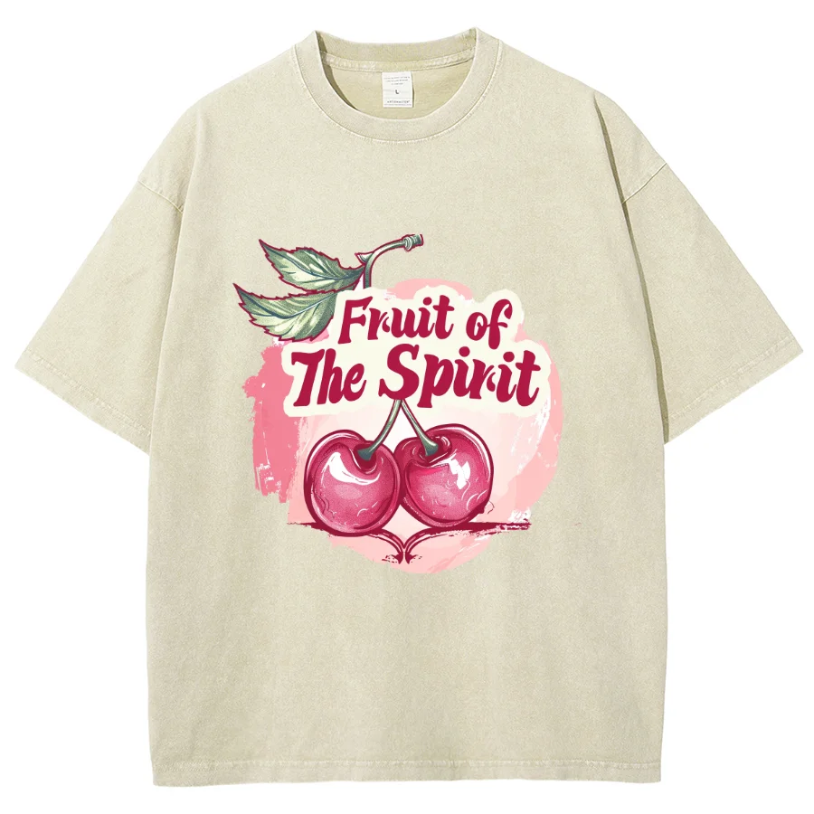 Fruit Of The Spirit Y2k Washed Short Sleeve T-Shirt, Creative Printed Unisex Vintage Streetwear New Fashion Casual Tee Plus-Size
