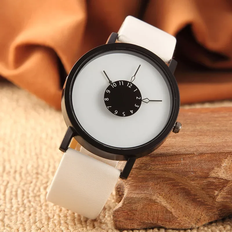 Popular New Concept Personality Reverse Pointer Women and Man Watch Version Simple Black White Couple Belt Quartz Wristwatch