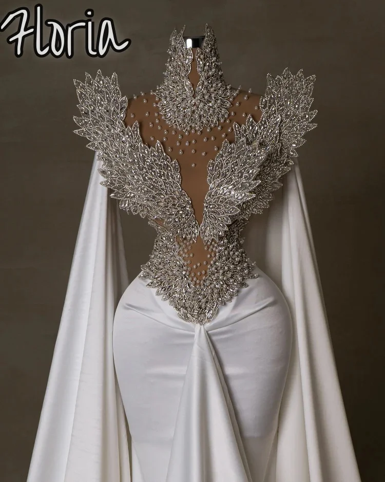 

Customized Chic Ivory Evening Dress Mermaid Crystals Celebrity Dress With Pearls High Neck Wedding Party Dress Robes De Soirée