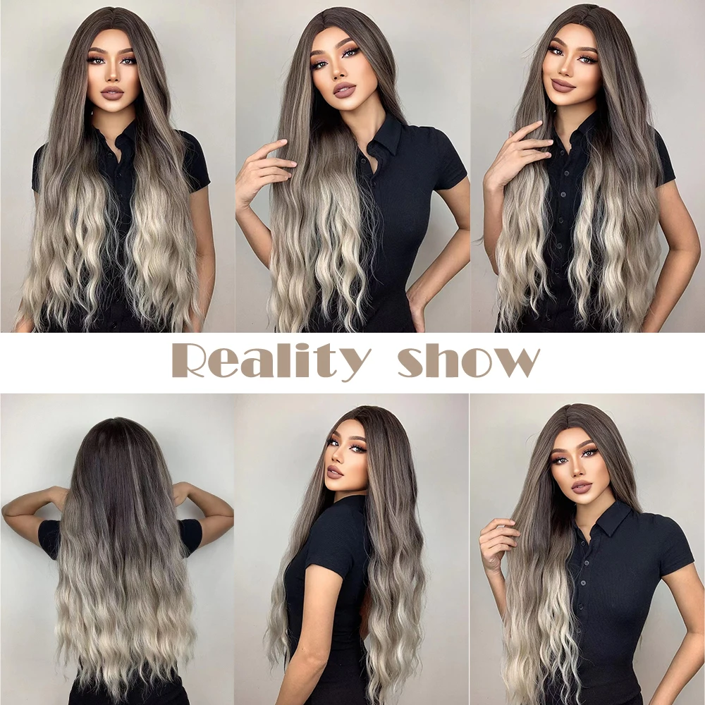 HENRY MARGU Long Curly Wig for Women Afro Ombre Brown Blonde Ash Middle Part Synthetic Wig Cosplay Party Heat Resistant Fake Hai