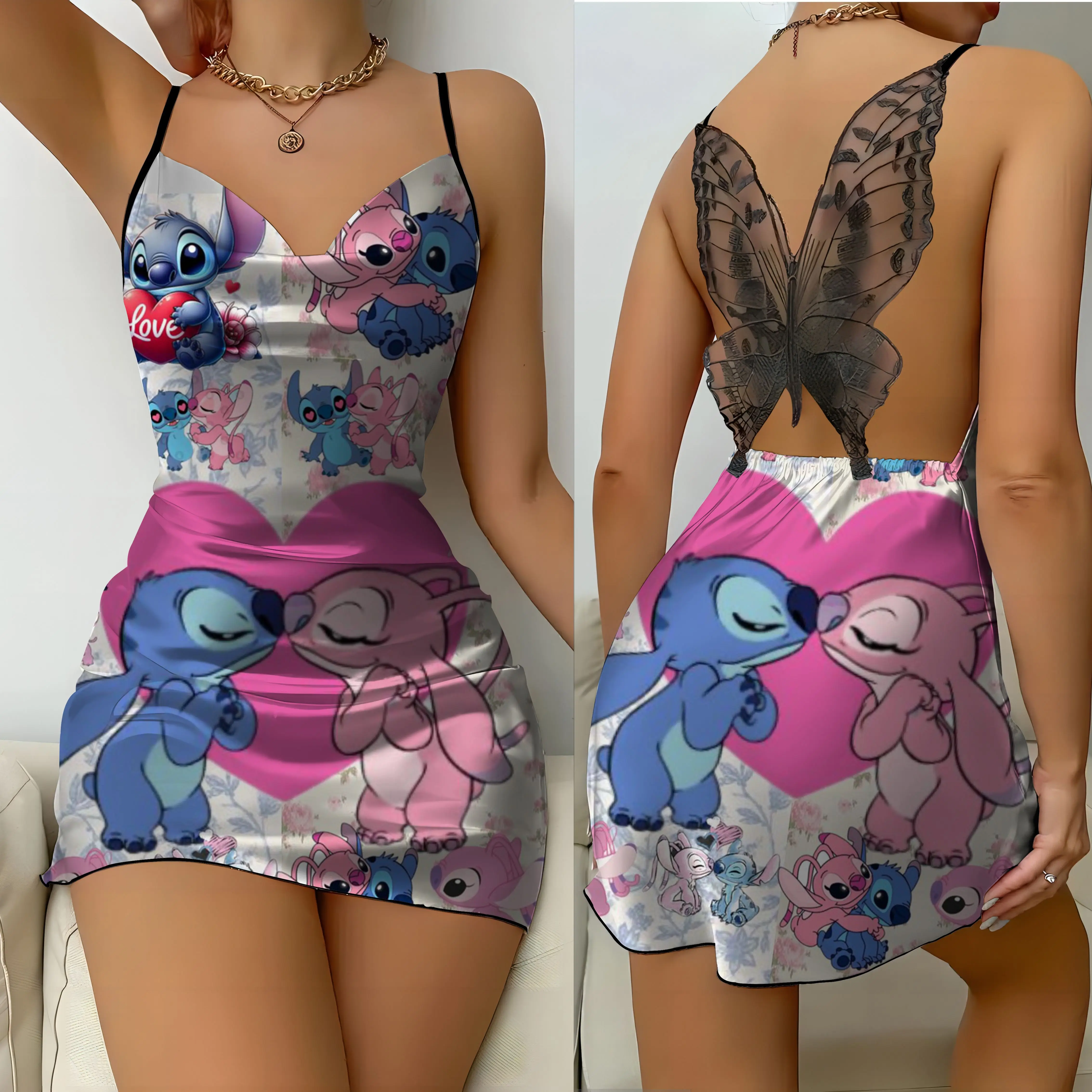 

Lace Dress Party Dresses Stitch Pajama Skirt Bow Knot Disney Satin Surface Womens Fashion Summer 2024 Mini Sexy Backless Disney