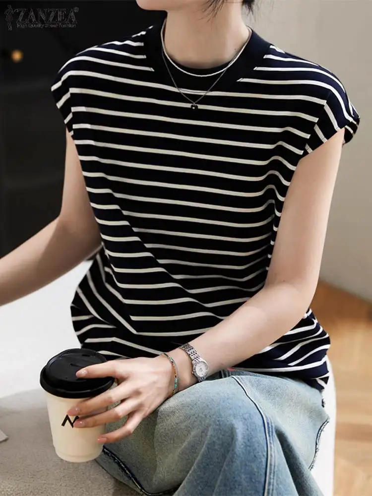 ZANZEA Summer Women Striped Blouse Elegant OL Work Shirt Fashion O Neck Short Sleeve Casual Tops Tunic Office Lady Blusas Mujer