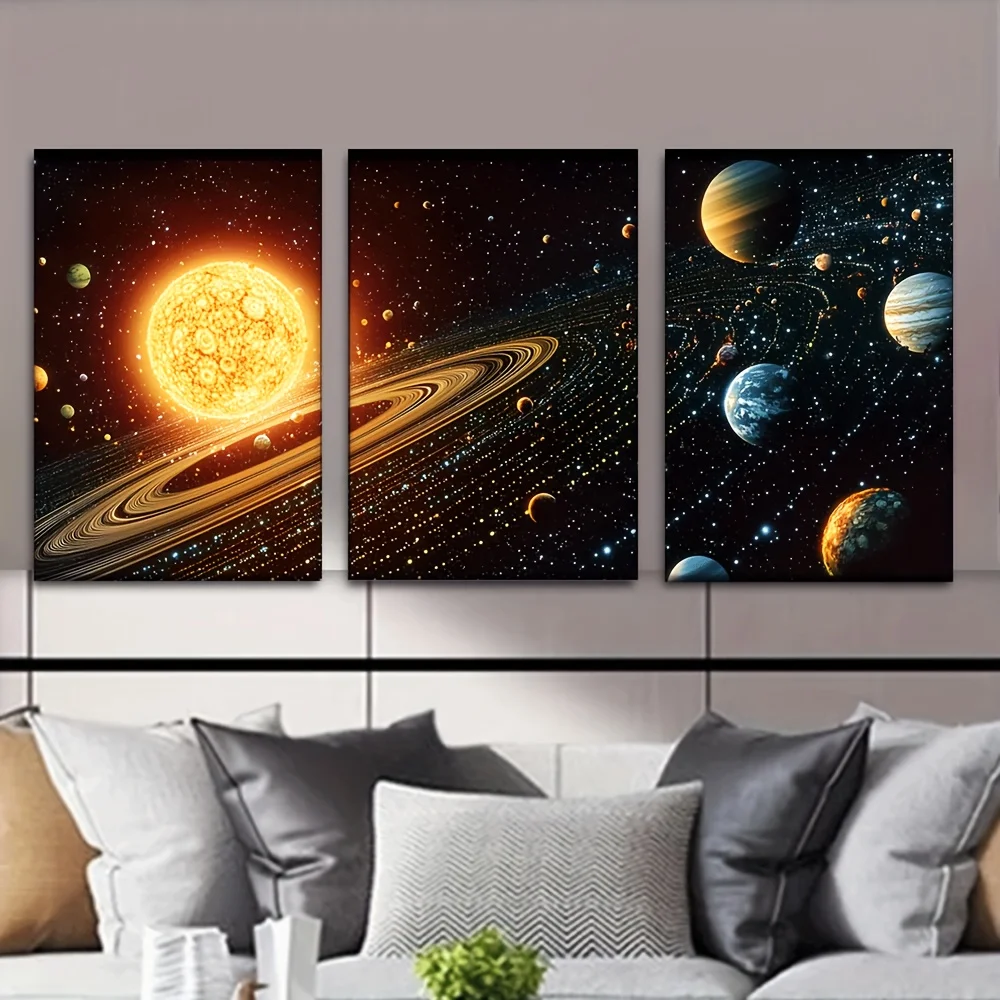 (No frame)2D 3pcs/Set, Canvas Painting--Unframed, Solar Planet Canvas, Universe, Artist Drawing Set, Living Room, Library, Of