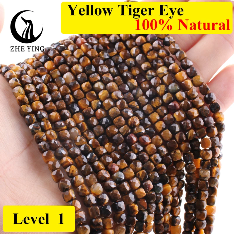 Zhe Ying 4x4mm Natural Tiger Eye Beads Loose Faceted Square Cube Gemstone Beads for Bracelet DIY Accessory Strand 15''