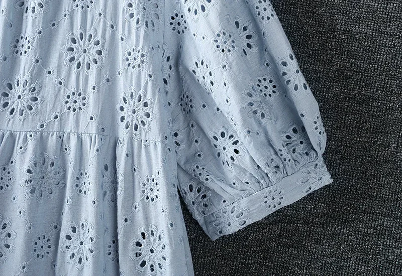 Summer New Japanese Sweet Mori Girl Sunflower Embroidery Hollow Out Dress Women O-Neck Short Sleeve Casual Loose Cotton Dress