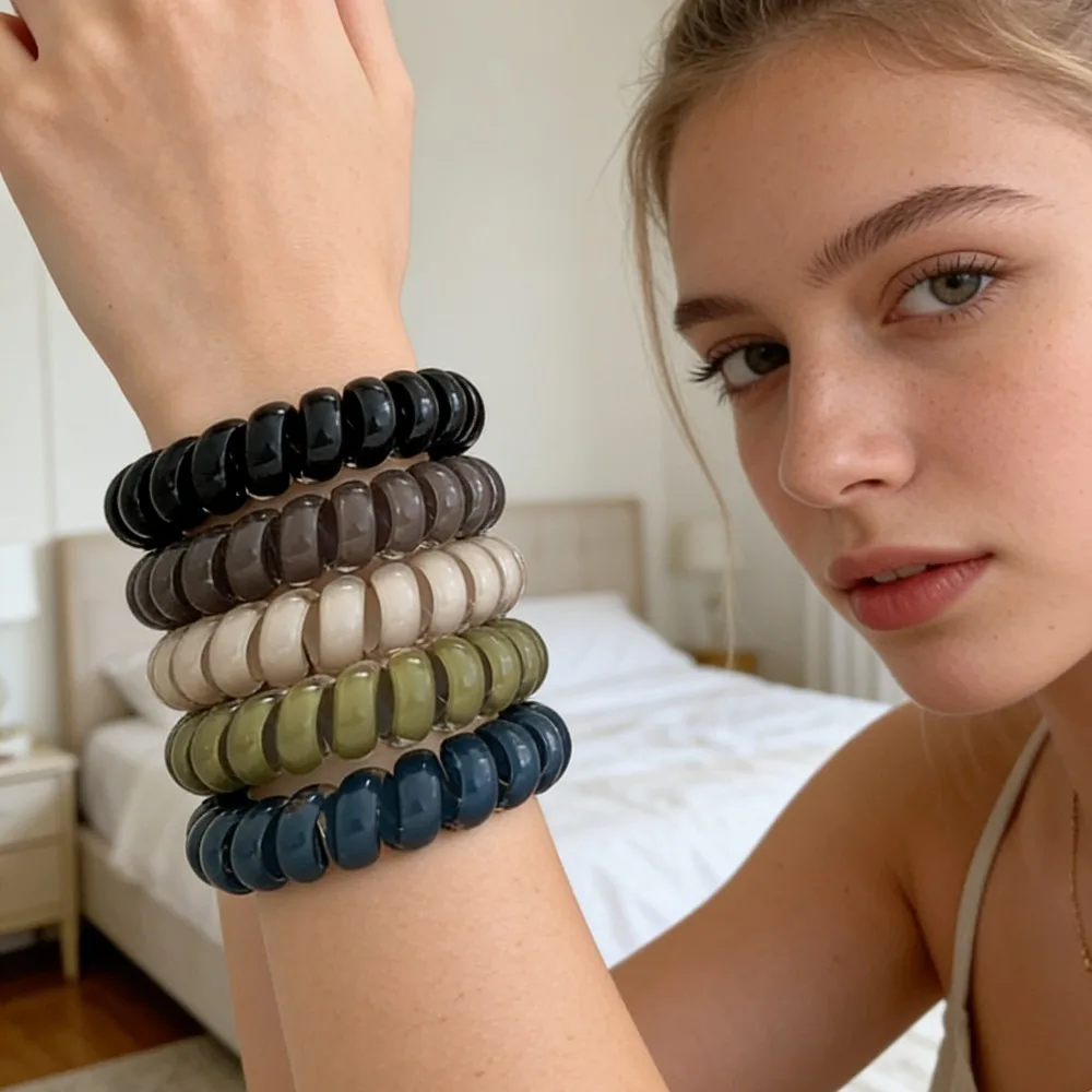 5-teiliges Set Gestreifte Spiral-Haargummis, Telefondraht-Haargummis, Knitterfreie Elastische Haarbänder für Frauen und Mädchen