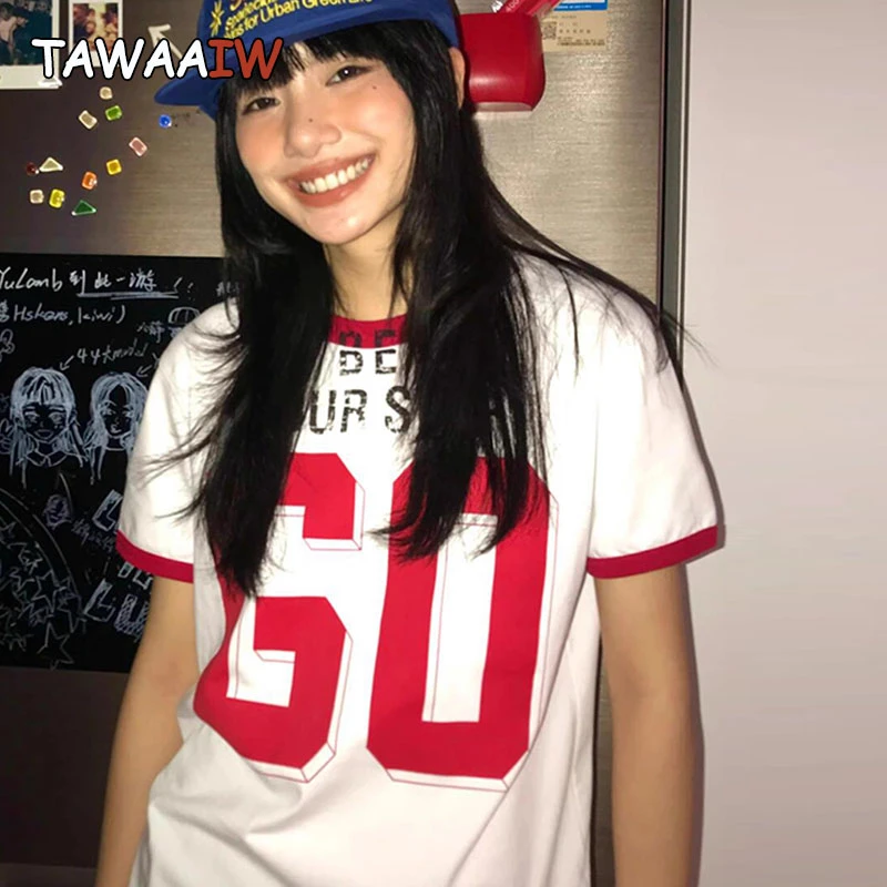 

Tawaaiw American Retro Patchwork Graphic T Shirts Short Sleeve Korean Fashion 2000s Clothes Y2k Vintage Top Summer Tees Female