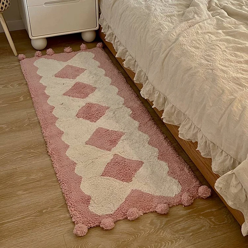 Lovely Cotton Bedroom Rug Soft Handmade Pompom Bathroom Mat Carpet Long Bedside Decorative Tidy Pad Aesthetic Home Room Decor