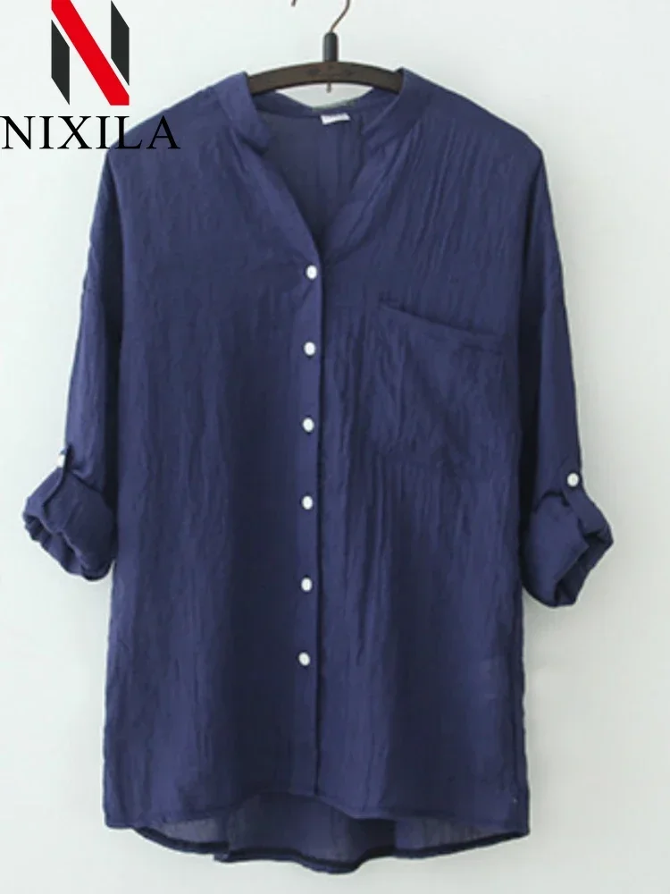 ฤดูร้อนผู้หญิงเสื้อแขนยาวลําลองผ้าฝ้ายผ้าลินินเสื้อขนาดใหญ่เสื้อ Basic หญิงเสื้อผ้า