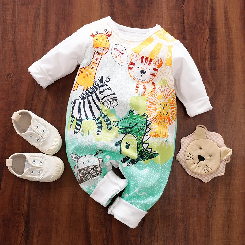 Spring And Autumn Boys And Girls Cute Cartoon Animal Print Cotton Comfortable Long Sleeve Baby Bodysuit