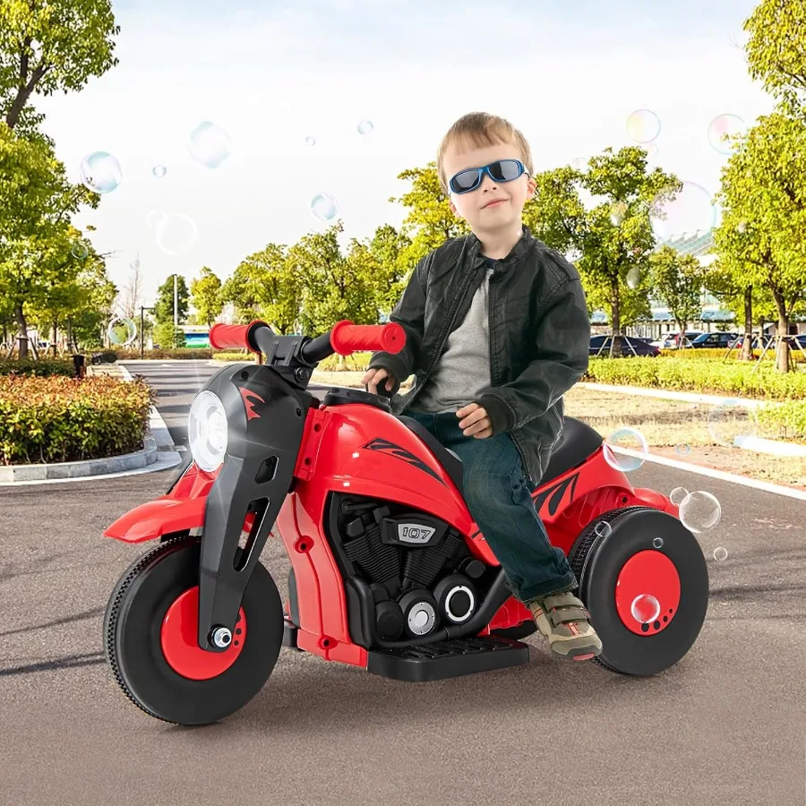 Motorcycle 6V Electric Ride On Car with Automatic Bubble Function Foot Pedal Headlight Music 3 Anti-Skip Wheels Vehicle for Tod