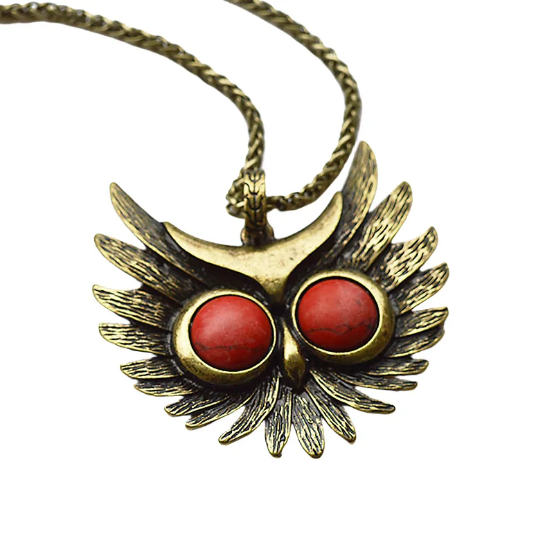 Collar de cadena larga con colgante de piedra turquesa de ojo rojo de búho enojado con plumas de pájaro para mujer, niña, joyería retro de metal de bronce para dama