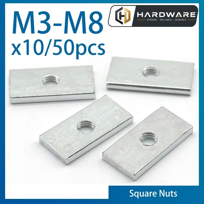 10/ 50pcs Square Nut M3 M4 M5 M6 M8 Zinc-Plated Carbon Steel Thin Rectangular Nuts Slider Block for Aluminum Profile Accessory