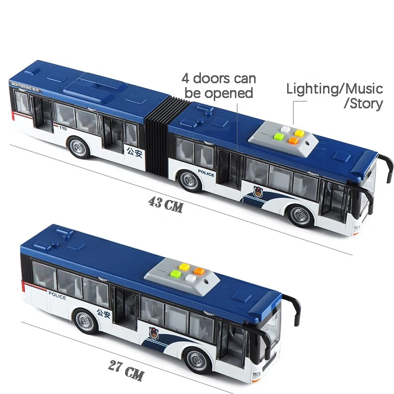 Modelo de fundição de ônibus articulado, grande simulação, inércia, luz sonora, seção dupla, brinquedos do carro do campus para crianças