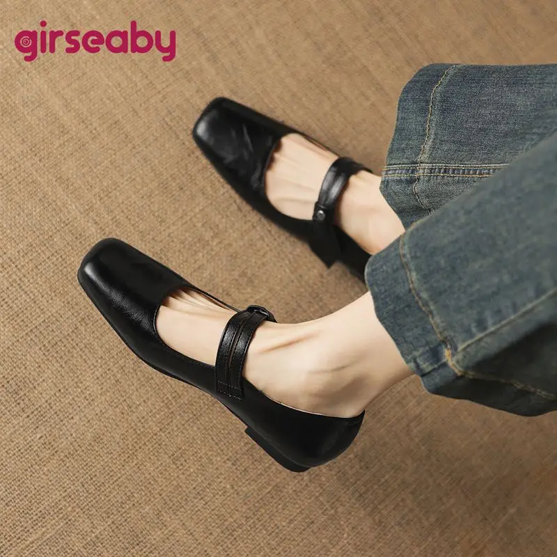 

Женские туфли Girseaby в стиле ретро, на плоской подошве, с квадратным носком, на липучке, милые туфли Мэри Джейн, маленькие и большие размеры 32-33, мягкая обувь ручной работы для свиданий, женская обувь