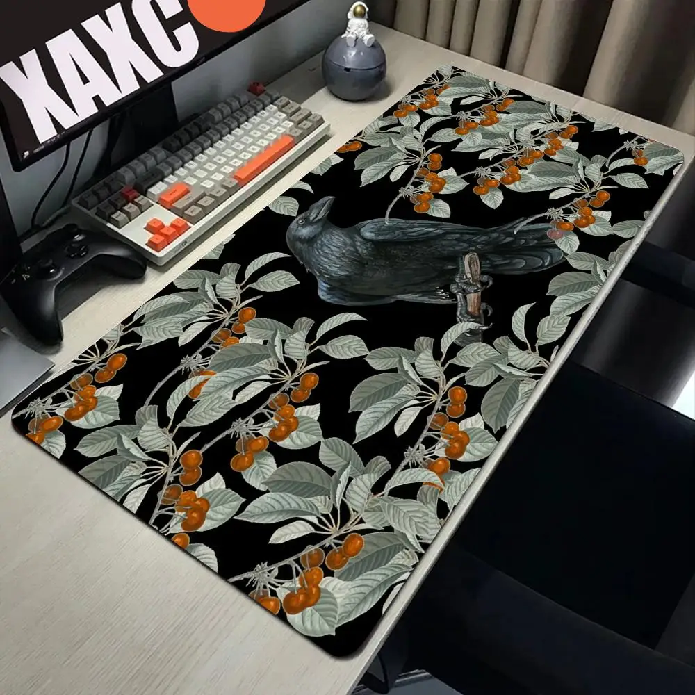 Dark Forest Witch Desk Mat Rubber Base Crow in Cherry Bush XXL Gaming Mousepad Fabric Overlock Cottagecore Extended Mouse Pad