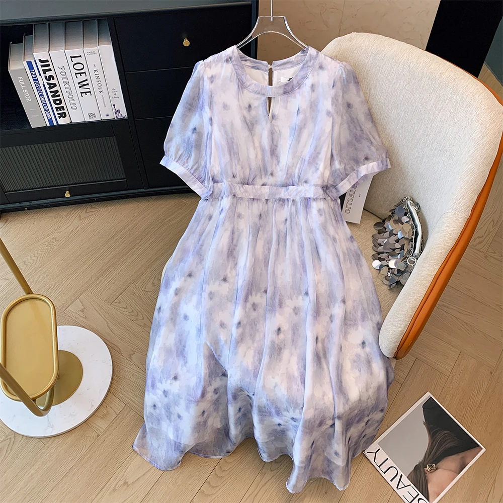 Summer new plus size women's loose round neck chiffon print dress casual waist mesh mid-length skirt fresh sweet style 2024 big