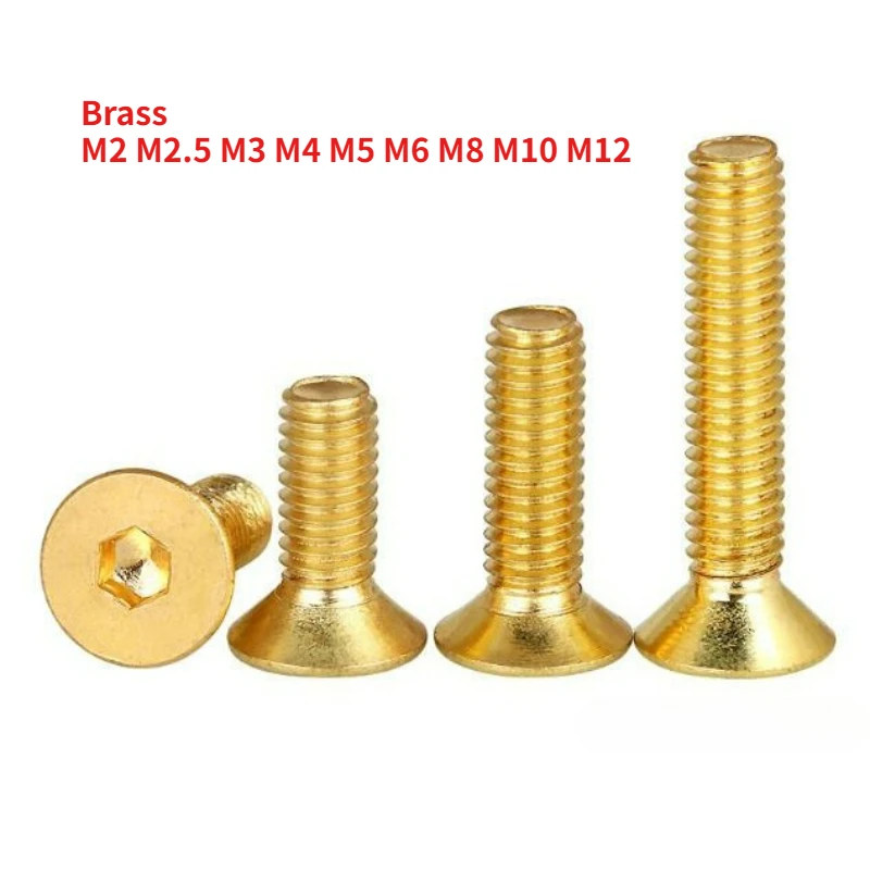 

2-100 шт. M2 M2.5 M3 M4 M5 M6 M8 M10 M12 латунный шестигранный винт с потайной головкой 7991 медный шестигранный болт с плоской головкой