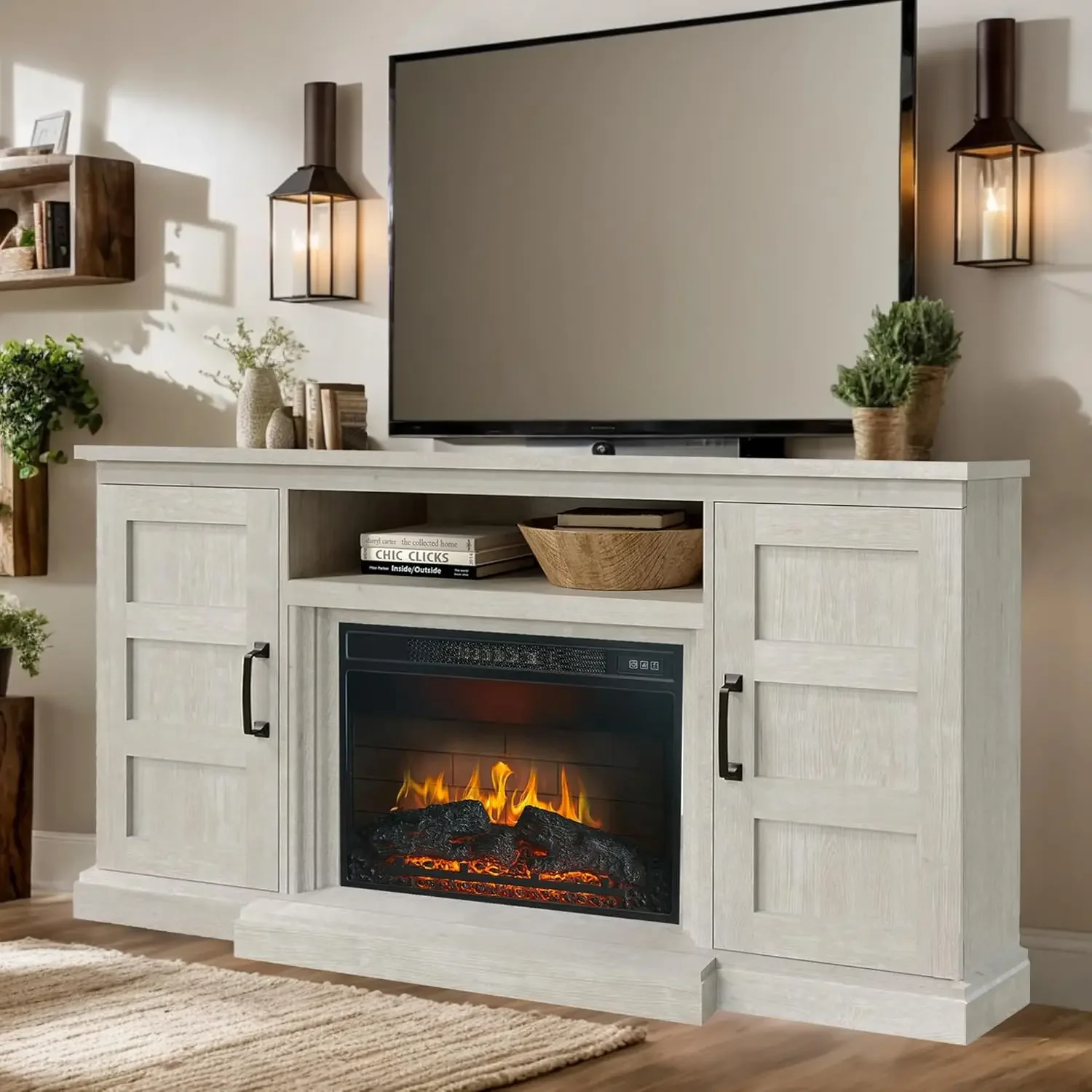 59 Inch TV Stand with 3D Fireplace, Modern Media Entertainment Center, Tv Console Table  Storage Cabinets, Highboy, White