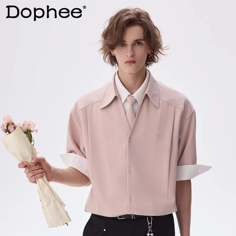 

2026 New Men's Shirts High-end Faux Two-piece Design Trendy Splicing Short-sleeve Shirts Male Lapel Handsome Color Matching Tops