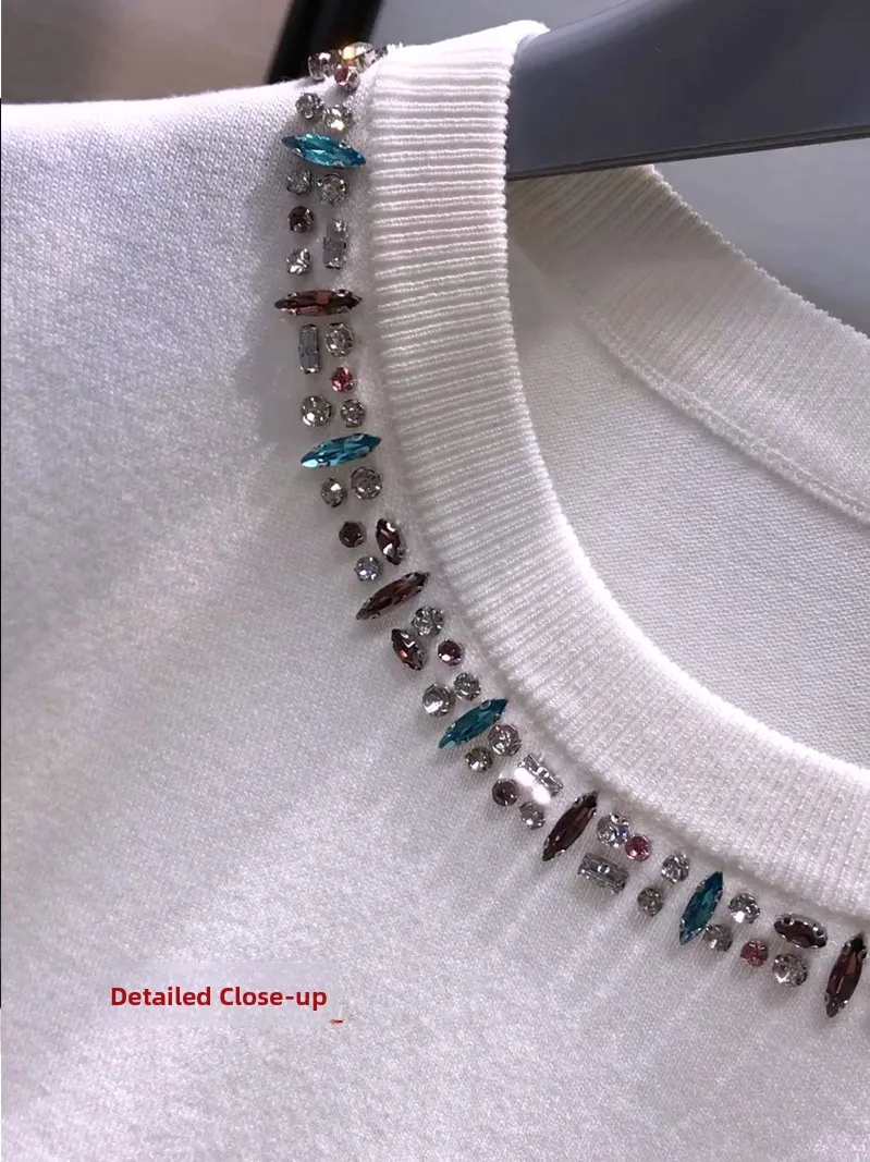 

Облегающая трикотажная футболка ort Sve, женская летняя футболка 2024, круглый цвет с бриллиантами, Ne, хлопок, повседневная мода для поездок на работу