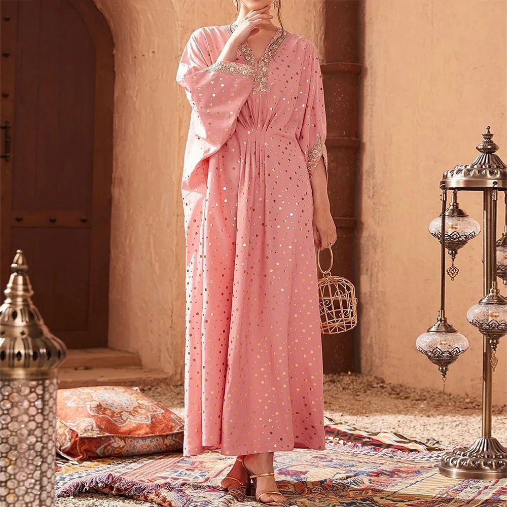 

Kaftan Tunic Dress Muslim Embroidery Polka Dot Print Long Dress For Women Summer Short Sleeve Abaya Islamic Clothing Turkish