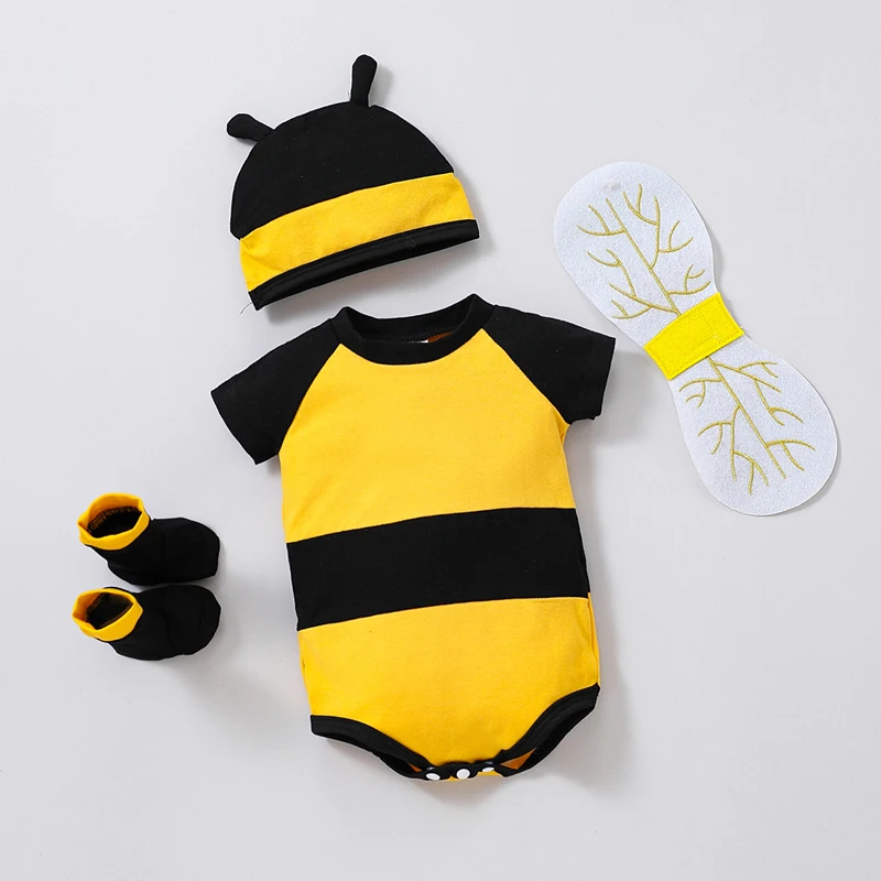 Baby Bee Costume Infant Baby Romper + Beanie Hat + Wings + Socks Bee Cosplay Costume Halloween Holiday Outfits