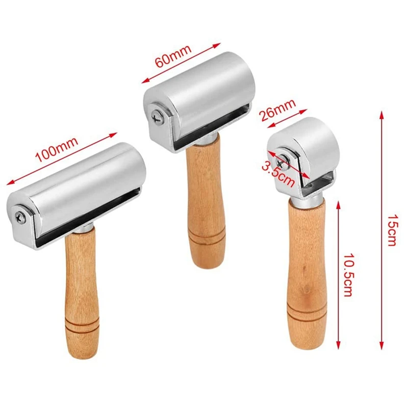 AT69 -Leather Press Roller Wooden Handle Platen Tools Leather Press Edge Roller Leather Glue Roller Metal Roll