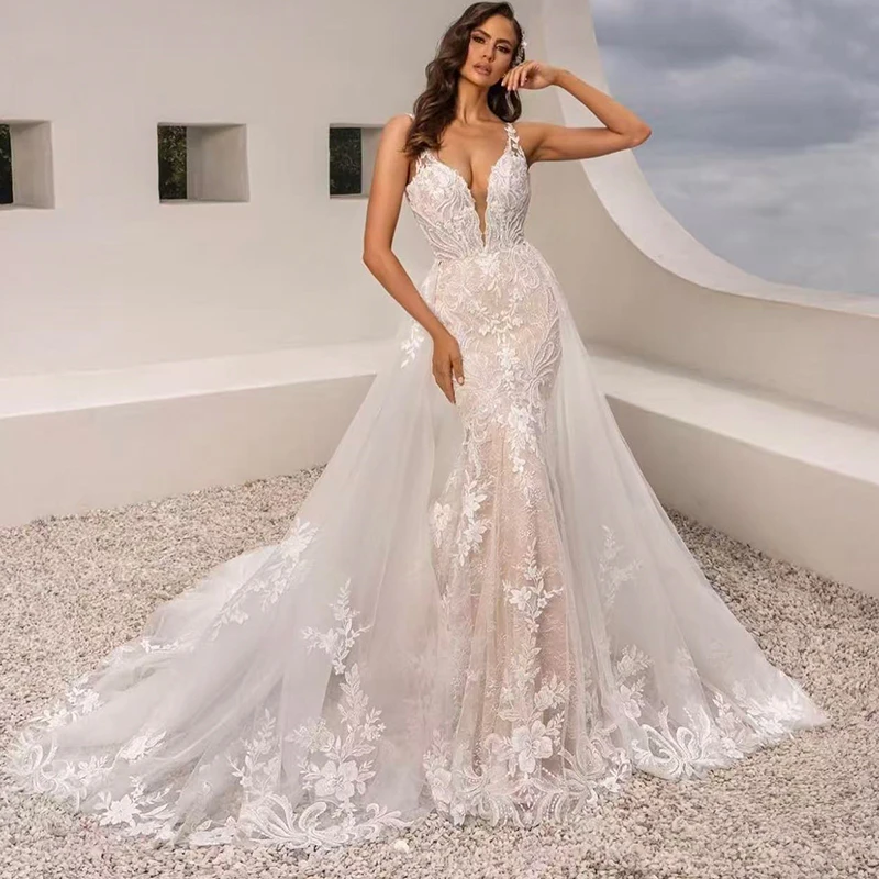 Abnehmbarer Zug Brautkleid Sexy Organza mit Stickerei Meerjungfrau Ballkleid ärmellos V-Ausschnitt individuelle Braut Vestido De Novia