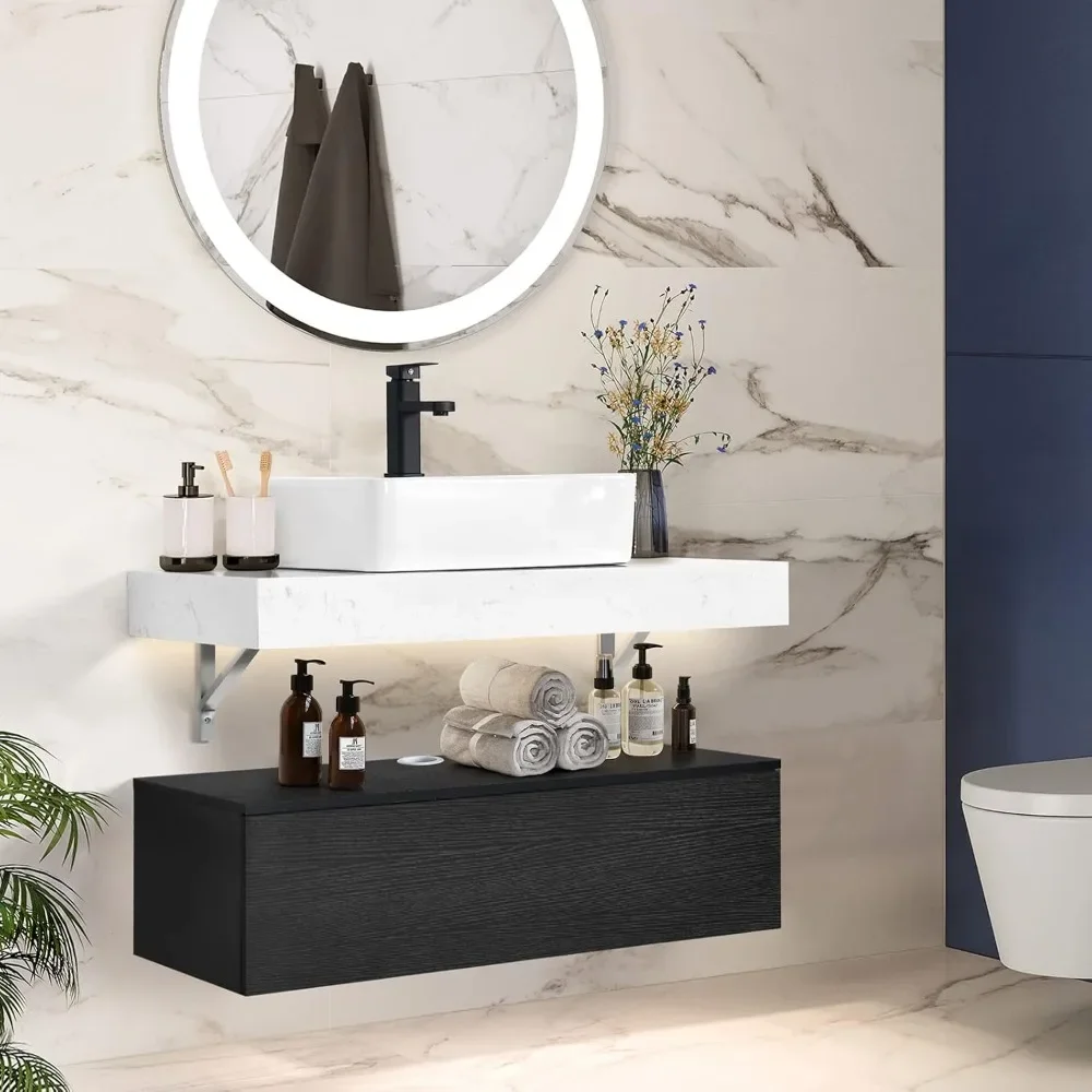 40 Inch Bathroom Vanity with Separate Ceramic Basin Sink, Sintered Stone Tabletop, Wall Mounted Bathroom Floating Vanity Cabinet