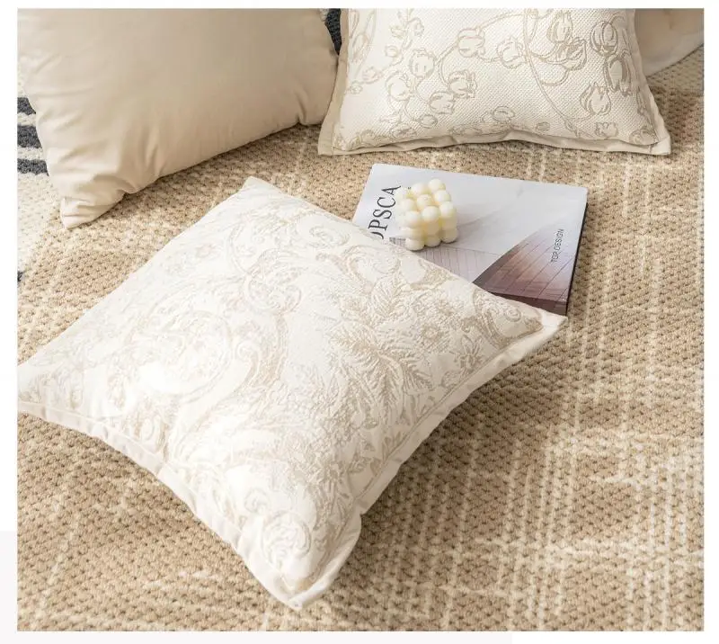 Französischer Blumen-Jacquard-Kissenbezug, Cojines Dutch Velvet Beige Decor Sofa, quadratischer Kissenbezug, Kopfteil-Kissenbezüge – Detail 6