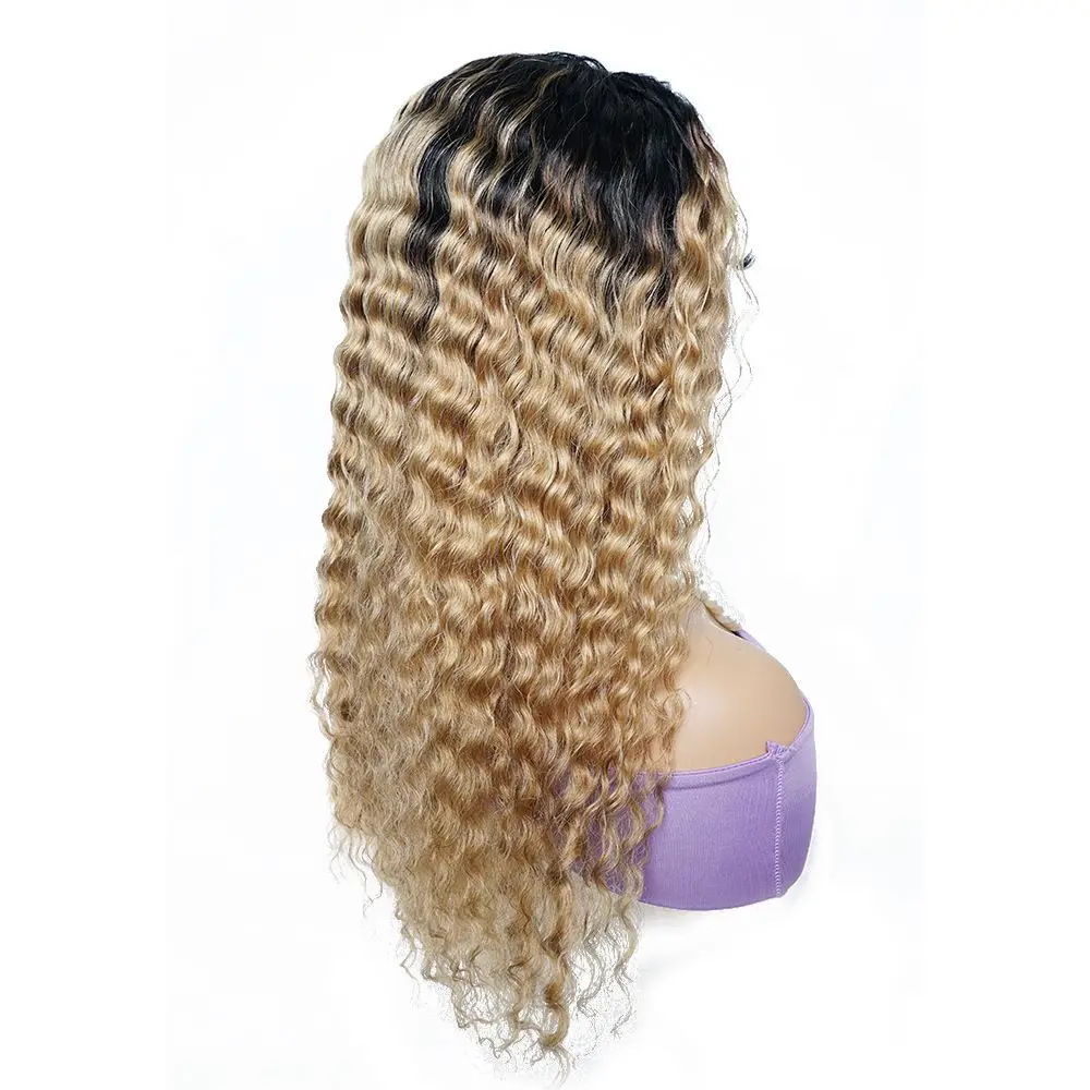 1B27 Ombre Honey Blonde Glueless Deep Wave Headband Wig Human Hair Full Machine Made Brazilian Remy Wig For Women 180% Density