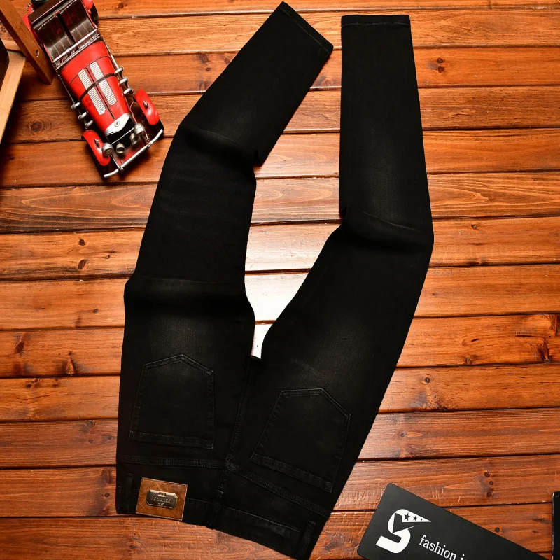 High end trendy embroidered printed jeans for men, slim fit, small footed, stylish, personalized, elastic long pants