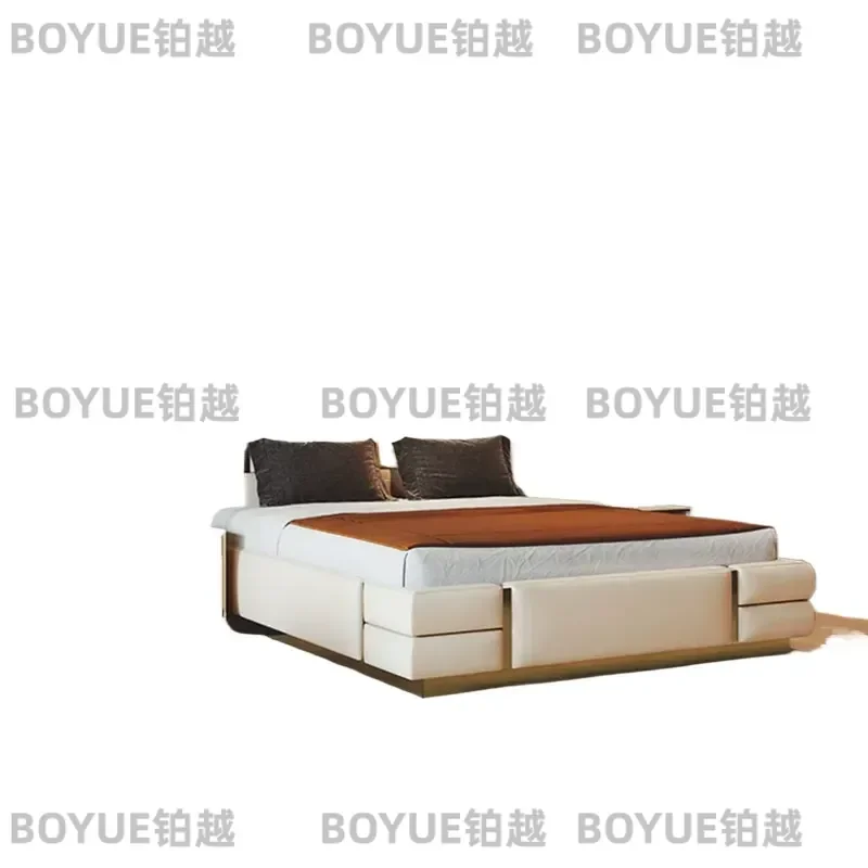 Italian Minimalist Modern Light Luxury Leather Bed Double Queen Size Master Bedroom Villa Large Flat Floor Widescreen