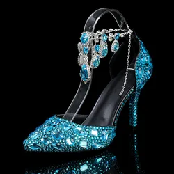 Bling Luxury Handmade Full Rhinestones Women Pumps Fashion Diamonds Crystal Pendant Banquet High heels Party Prom Wedding Shoes
