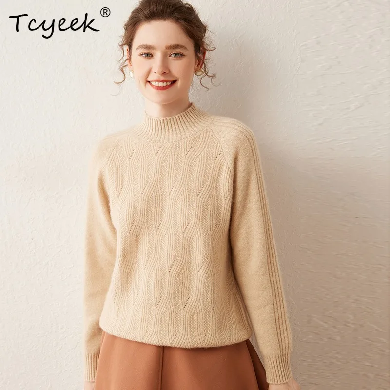 

Tcyeek, Elegant Cashmere Wool Sweaters, Women Mock Neck Hollw Out, Fashion Casual Loose Sweater, Autumn Winter Tops T48605QM