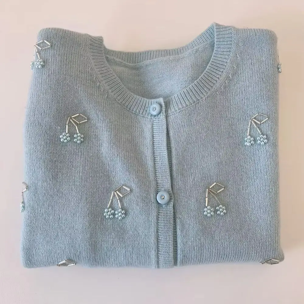 

kids coat girl clothes Cartoon cherry bead pattern fashionable cardigan Girls' spring and summer blue knitted cardigan