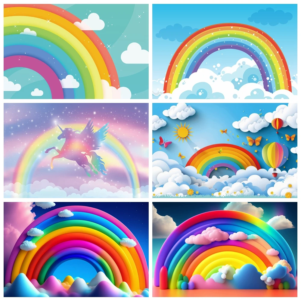 Laeacco Rainbow Backdrops Photography Baby Shower Boy Girl 1st Birthday Party Cloud Shiny Star Photo Background For Photo Studio