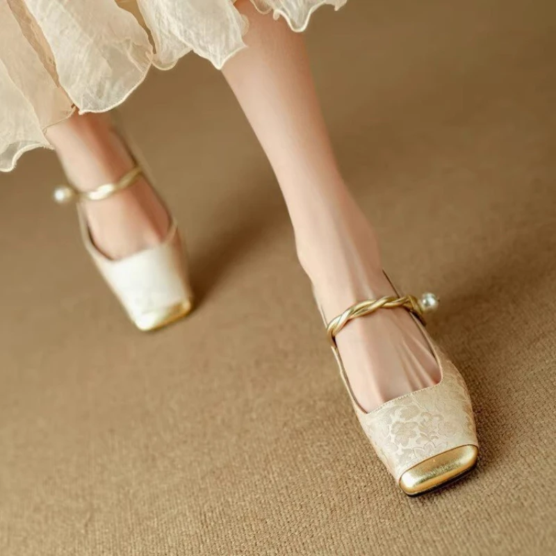 Women's Sandals Gold Color Shing Mary Jane Ballet Shoes Spring Summer Autumn Elegant Imitation Pearl Flats Shoes Outdoor